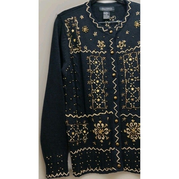 Vintage Reference Point All Points Black Gold Embellished Cardigan Sweater Med - Picture 2 of 11
